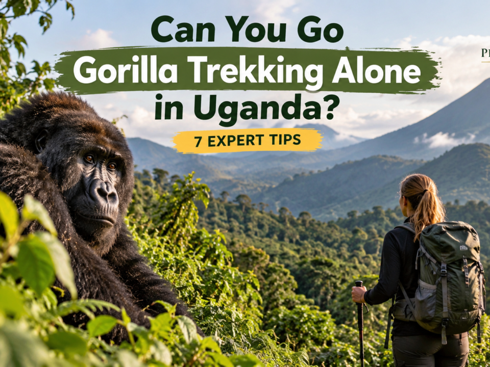 Can You Go Gorilla Trekking Alone in Uganda? Solo traveler exploring the rainforest near a mountain gorilla.