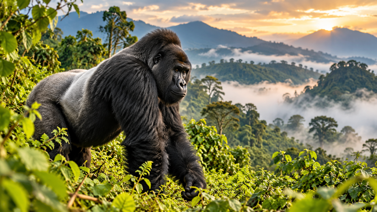 Silverback mountain gorilla overlooking Uganda's misty rainforest during a gorilla trekking adventure.