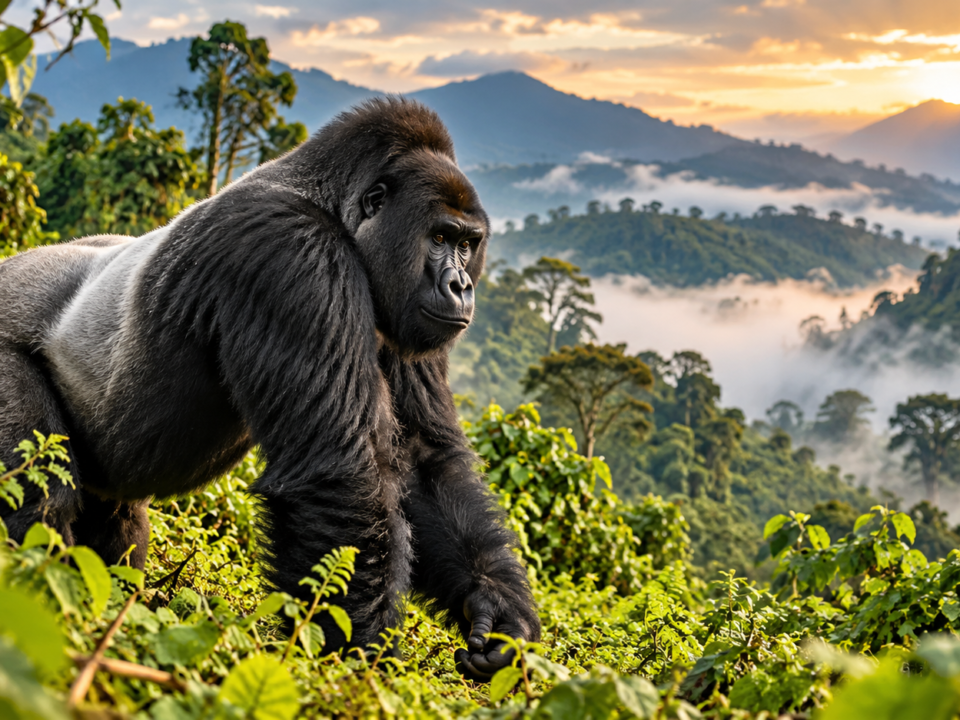 Silverback mountain gorilla overlooking Uganda's misty rainforest during a gorilla trekking adventure.