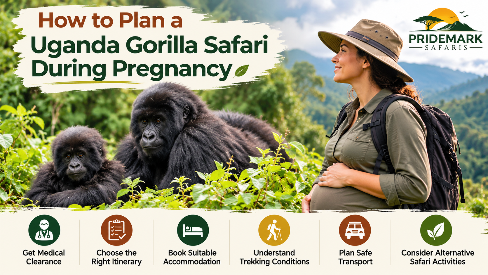 Planning a Uganda gorilla safari during pregnancy with Pridemark Safaris, including safety advice and gorilla trekking options.