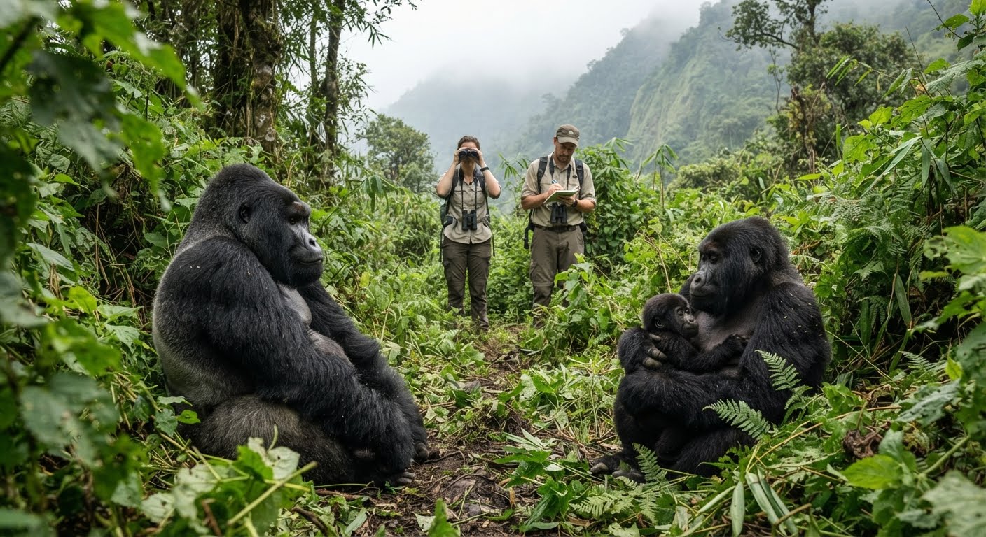 Gorilla family in a lush forest with two researchers observing in the background.